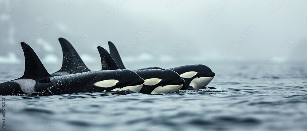 Wall mural wallpaper of a orcas under water,	
