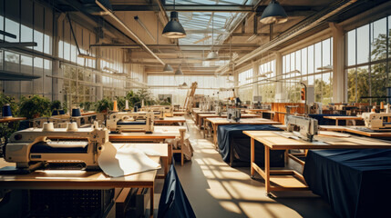 The interior is a large industrial empty garment factory with modern equipment, sewing machines and workers. Tailoring, Business concepts. - obrazy, fototapety, plakaty