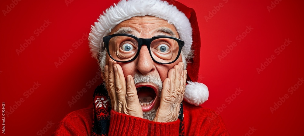 Poster startled santa claus with wide copy space on vibrant red backdrop for text placement
