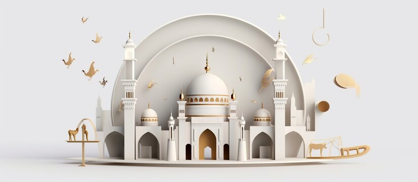 Golden Mosque on shiny floral design decorated background for Muslim Community Festivals celebration.