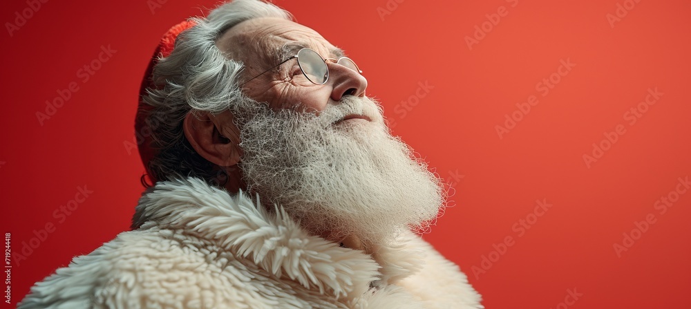 Poster playful santa claus in red suit on red background with copy space for text placement