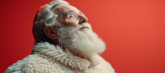 Playful santa claus in red suit on red background with copy space for text placement