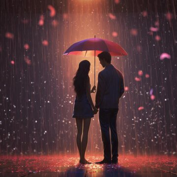 Woman valentines rain. Art of a man and woman who love each other like a scene from a movie/meeting the lover of their dreams.2... Facing away from view