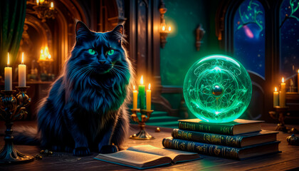 A magical black cat tells fortunes on a Magic Book from the wizard's room - obrazy, fototapety, plakaty