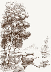 Boats on calm water, on lake in the forest vector hand drawing