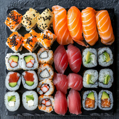 Bright sushi arrangement on a dark plate.