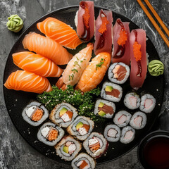 Close-up of assorted sushi on black plate.