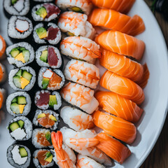 Close-up of assorted sushi on white plate.