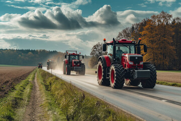 Row of tractors and agricultural machinery drives along the road, surrounded by cultivated fields....