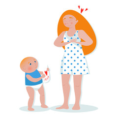 Kid gives the drawing to his mother. Cute cartoon vector illustration on white background. Ideal for greeting card for International Women's Day 8 March, Valentine's day or Mother Day 