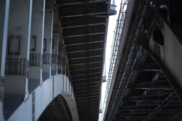 Frame and beams of a steel bridge. Construction closeup.