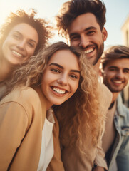 Fototapeta premium Close-up of cheerful friends group selfie at dusk.