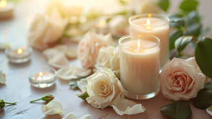 Fototapeta na wymiar Candle aromatherapy with white roses at the spa, comfortable. 