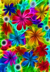 Zaczarowany ogród. Autorski, kolorowy, energetyczny rysunek opracowany graficznie. Kolorowe kwiaty.
