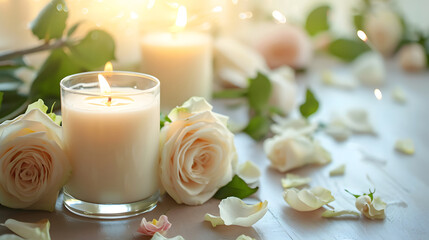 Fototapeta na wymiar White roses Candle aromatherapy at the spa, comfortable. 