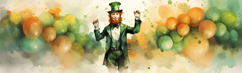 Irish leprechaun in watercolor celebrating St. Patrick's Day. Beer and shamrocks. - obrazy, fototapety, plakaty