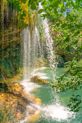 Waterfall Molino de San Pedro, Cabriel river, Sierra de Albarracín, Teruel, Aragón, Spain, Europe