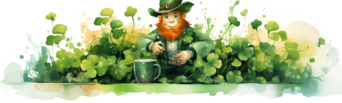 Irish leprechaun in watercolor celebrating St. Patrick's Day. Beer and shamrocks.