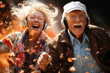 Happy senior couple with over-ear headphones running on autumn day in the park