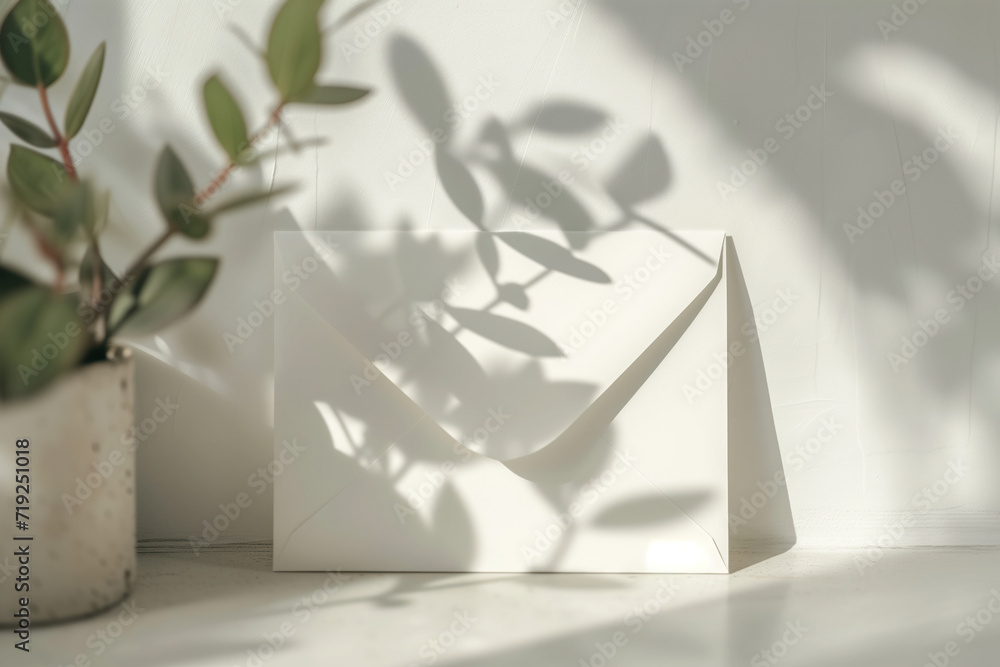 Poster paper envelope with green leaves and soft shadows . background image. created with generative ai tec