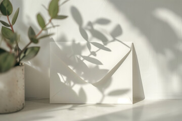 Paper envelope with green leaves and soft shadows
. Background image. Created with Generative AI technology
