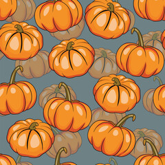 Seamless pattern with halloween pumpkins on color background. Scary and funny faces. Cute Pumpkin or ghost. Vector autumn holidays illustration