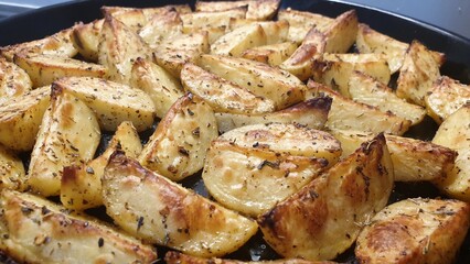 Roasted potatoes with herbs in a black tray.