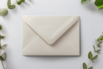 Paper envelope with green leaves and soft shadows
. Background image. Created with Generative AI technology - obrazy, fototapety, plakaty