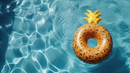 Pineapple-shaped inflatable circle floating in swimming pool. Top view. - obrazy, fototapety, plakaty