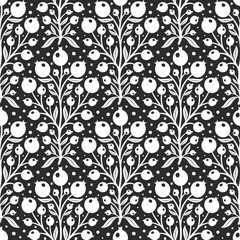 Hand drawn decorative doodle berries seamless pattern, silhouette scandinavian simple flower texture - 719251670
