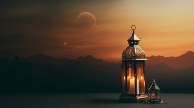 Card with mosque on twilight for greeting with Islamic holidays Ramadan.