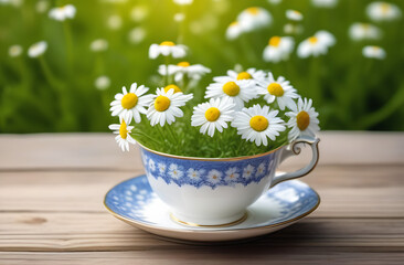 Spring - Chamomile Flowers In Teacup On Wooden Table In Garden 