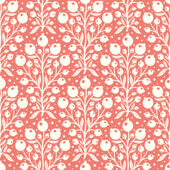Hand drawn decorative doodle berries seamless pattern, silhouette scandinavian simple flower texture - 719252423