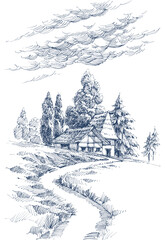 Alpine sketch. Mountain wooden house, pine tree forest hand drawing