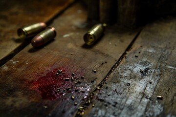 Fototapeta na wymiar Traces, bullet casings and blood-filled gunpowder. Concept of evidence of murder