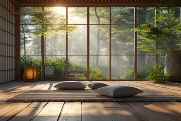 Empty yoga studio interior with panoramic windows overlooking a beautiful forest. Spacious meditation room with Zen-inspired furnishings, wicker mats, indoor plants.