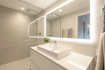 Fototapeta na wymiar Modern minimalist bathroom interior. Light beige walls, wall-hung cabinet with surface-mounted sink, glass shower cabin. Contemporary interior design.