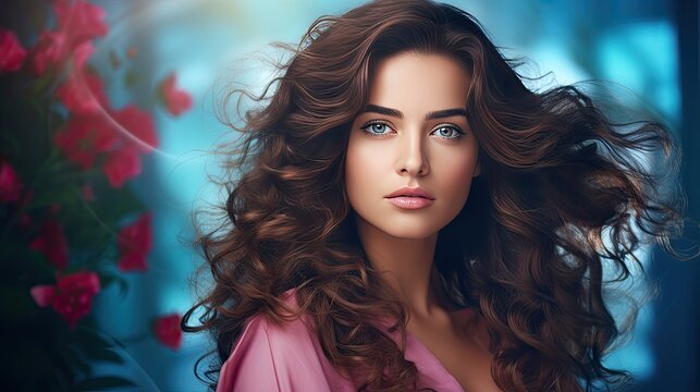 Beautiful female face with powerful silky hair and chic hairstyle. Perfect image of a beautiful brunette woman. Feminine image of natural beauty. Illustration for beauty and fashion magazine.