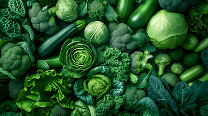 A close-up top view of fresh green vegetables including broccoli, zucchini, and leafy greens, ideal for a healthy diet, nutrition concepts, and recipe ingredients. 