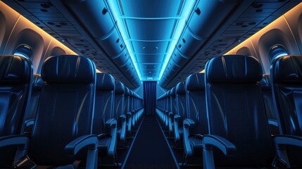 Fototapeta premium Empty airplane interior with seats and seats in blue tones