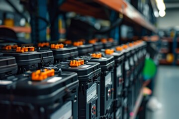 Close up of rechargeable car batteries at warehouse. Rechargeable batteries for vehicles stand in a row on a rack. - obrazy, fototapety, plakaty