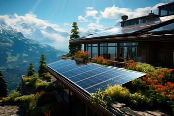 Solar panels on the territory of the house in the mountains