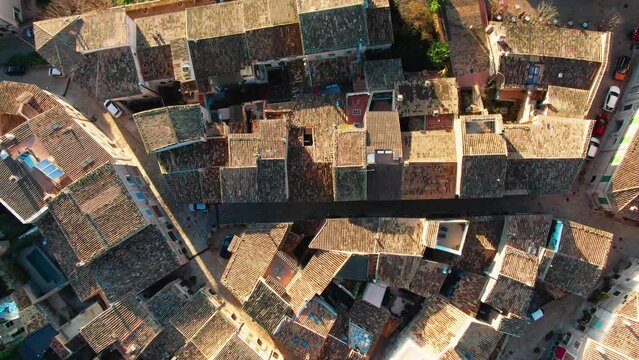 Aerial drone video footage of Valldemossa Chopin village in Palma de Mallorca Spain
