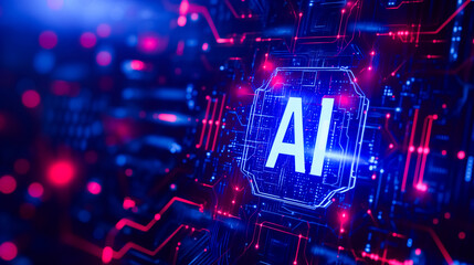 A vibrant neon light forms the letters “AI” in bright blue. The letters are surrounded by a complex network of blue and computer circuits or connections.  Future innovations in AI concept, background.