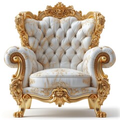 gold and white luxurious throne chair, white background
