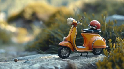 Foto op Canvas Miniature toy yellow vintage scooter on nature background. © Petrova-Apostolova
