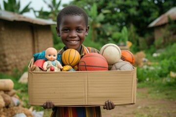 A happy boy stands holding a donation box full of donated items, including dolls, basketballs, baseball bats, clothes