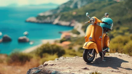 Poster Miniature toy yellow vintage scooter on the background of the sea and mountains. © Petrova-Apostolova