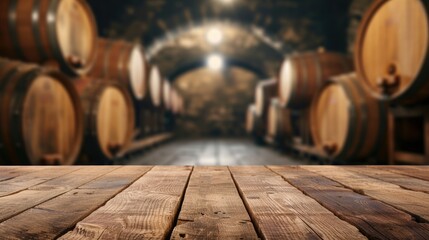 Wooden table for displaying products on the background of a large wine cellar, wine barrels.