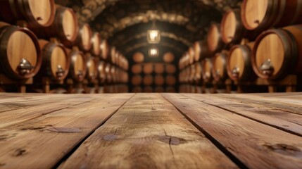 Wooden table for displaying products on the background of a large wine cellar, wine barrels.